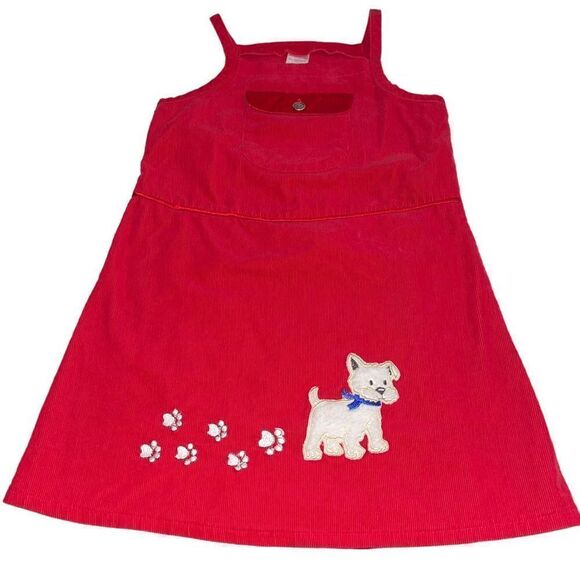Woolworth's Red Corduroy Jumper Dress w/ Appliqu Dog & Paw Prints - Size 7 - Picture 1 of 6